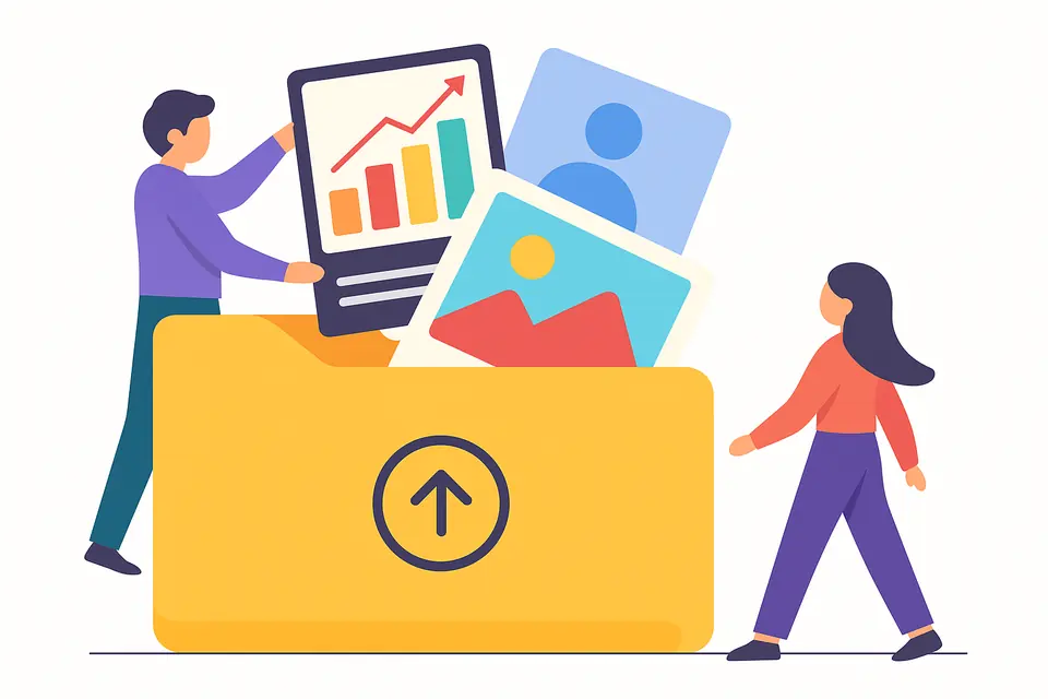 Illustration: two people adding photos, charts and documents to a shared folder with an upload arrow.